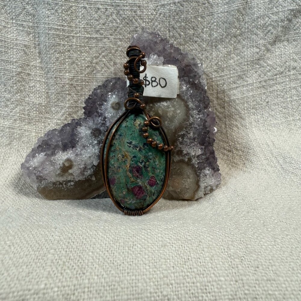Handmade Copper Wire Wrapped Ruby Zoisite Natural Gemstone Artisan Pendant